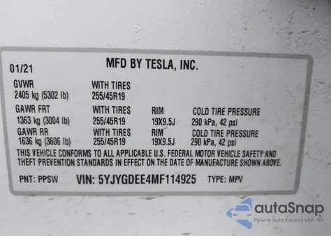 2021 Tesla Model Y Long Range Dual Motor All-Wheel Drive from USA, damaged, VIN 5YJYGDEE4MF114925
